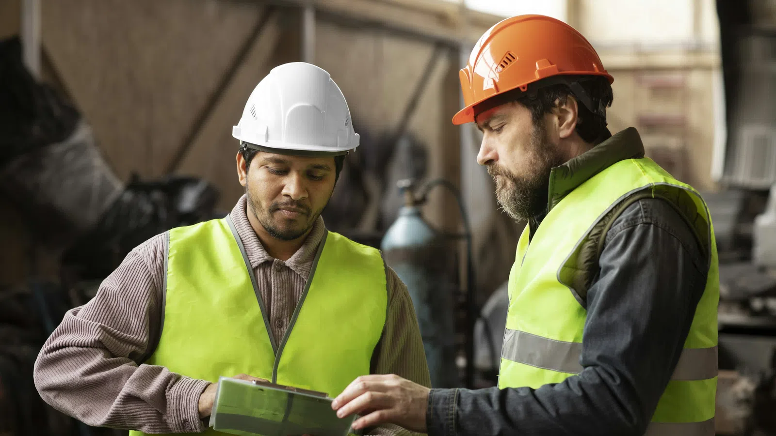 Two construction workers in safety vests and helmets discussing plans on a tablet in an industrial setting