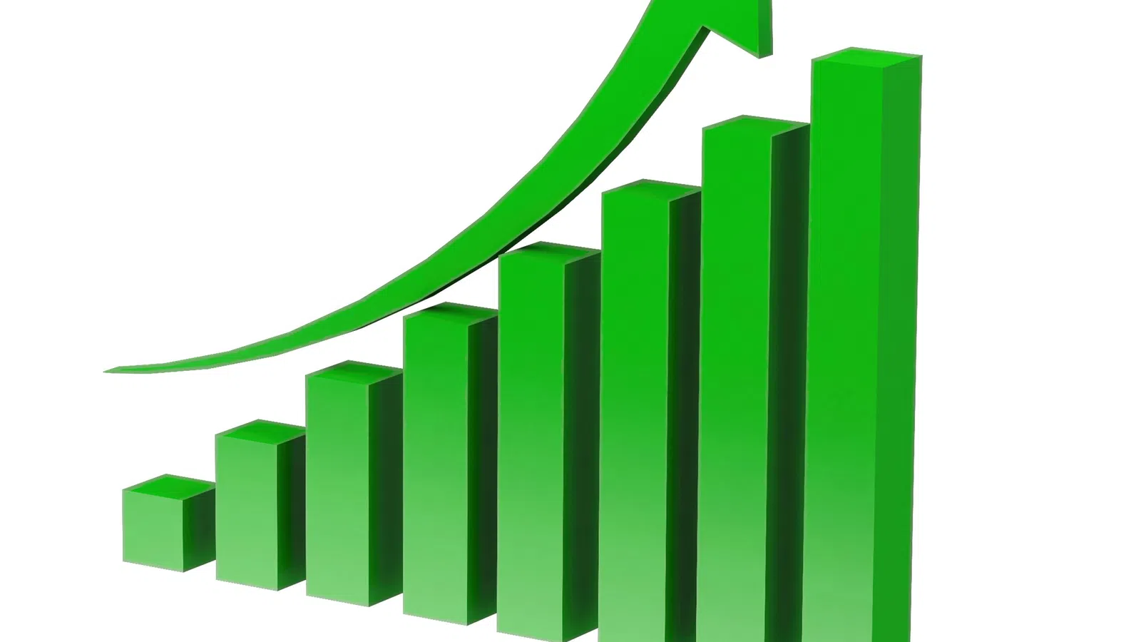 Green 3D bar chart with upward arrow indicating growth and positive increase in data values.