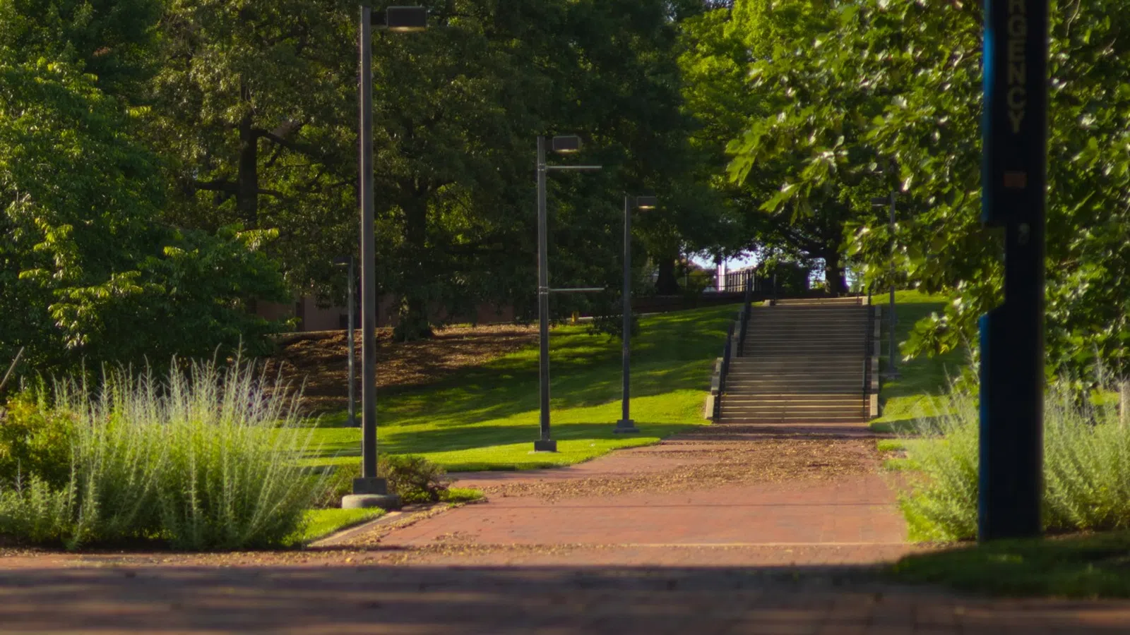 Brick pathway leads through green park with trees, shrubs, lampposts, and stairs in the background on a sunny day.
