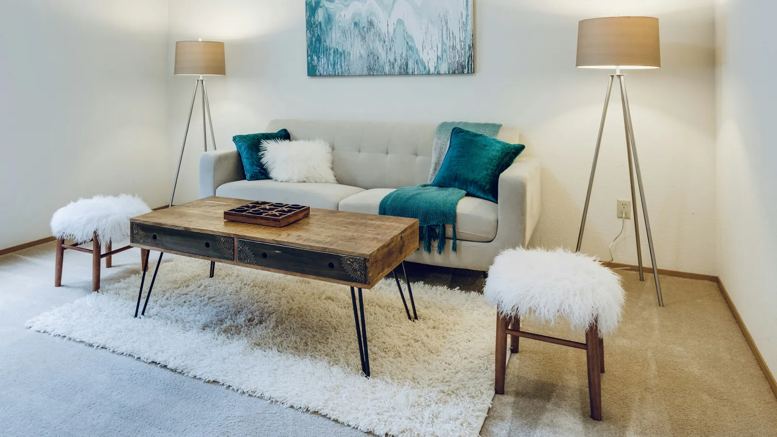 a living room with a couch and a coffee table