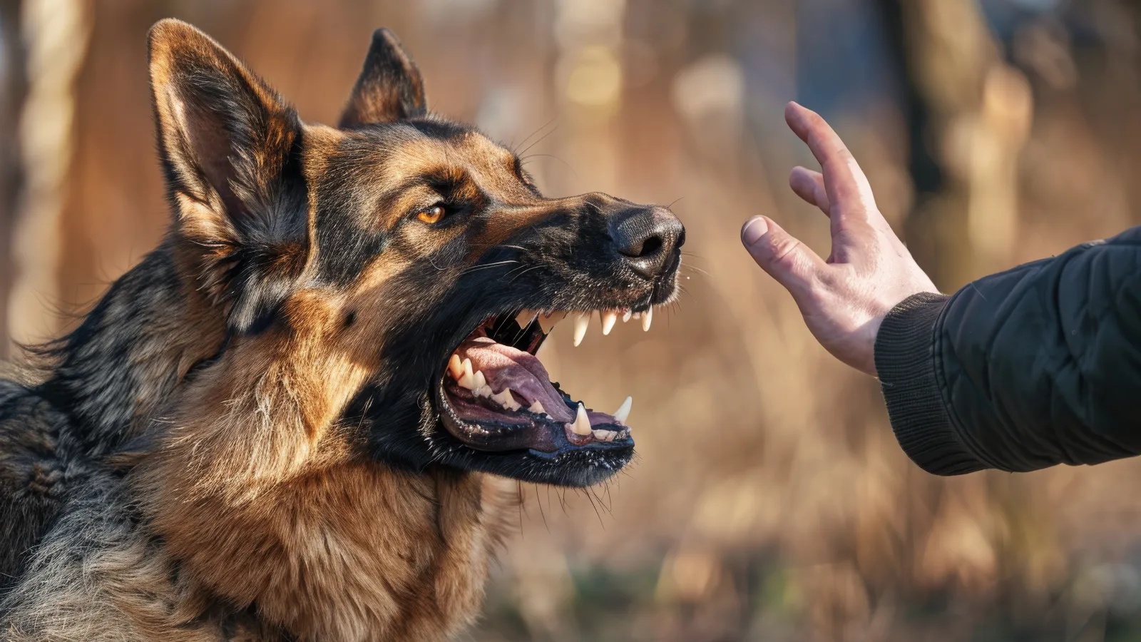 Aggressive German Shepherd dog snarling with bared teeth facing a raised human hand outdoors.