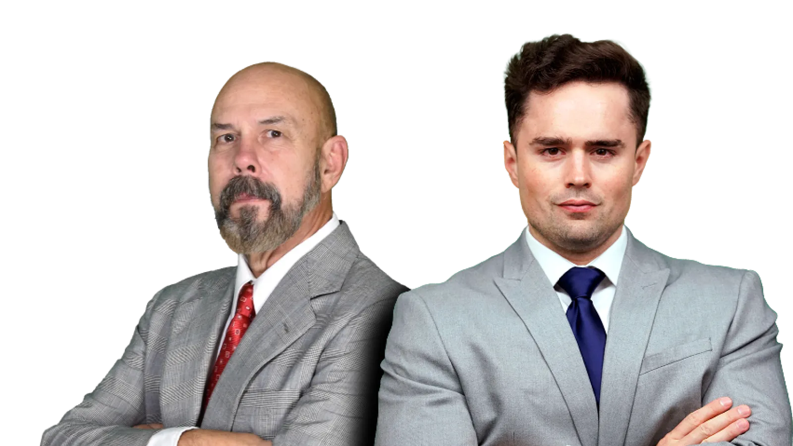 Two confident businessmen wearing suits with arms crossed against a black background