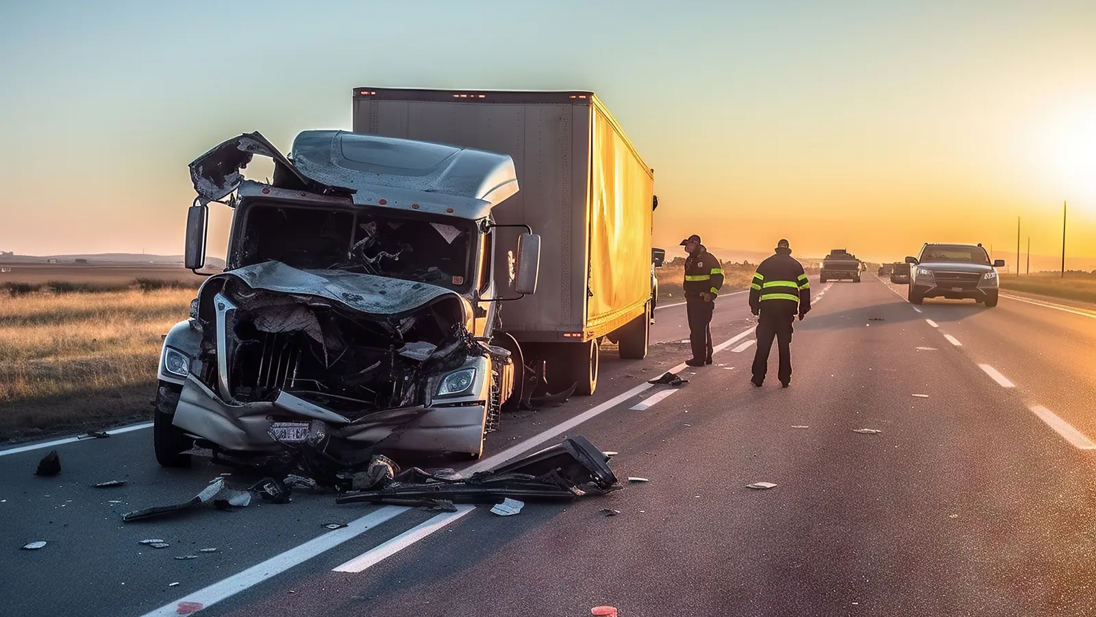 Damaged semi truck on highway at sunset with emergency responders and debris on road after crash