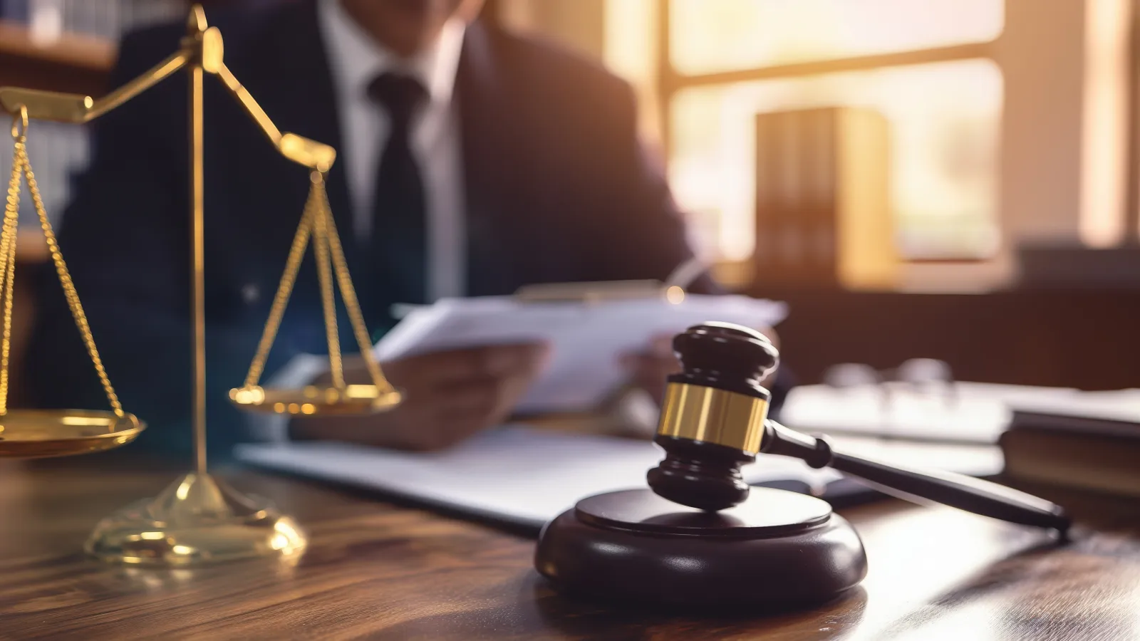 Judge's gavel and justice scales on desk with blurred lawyer in suit reviewing documents in background