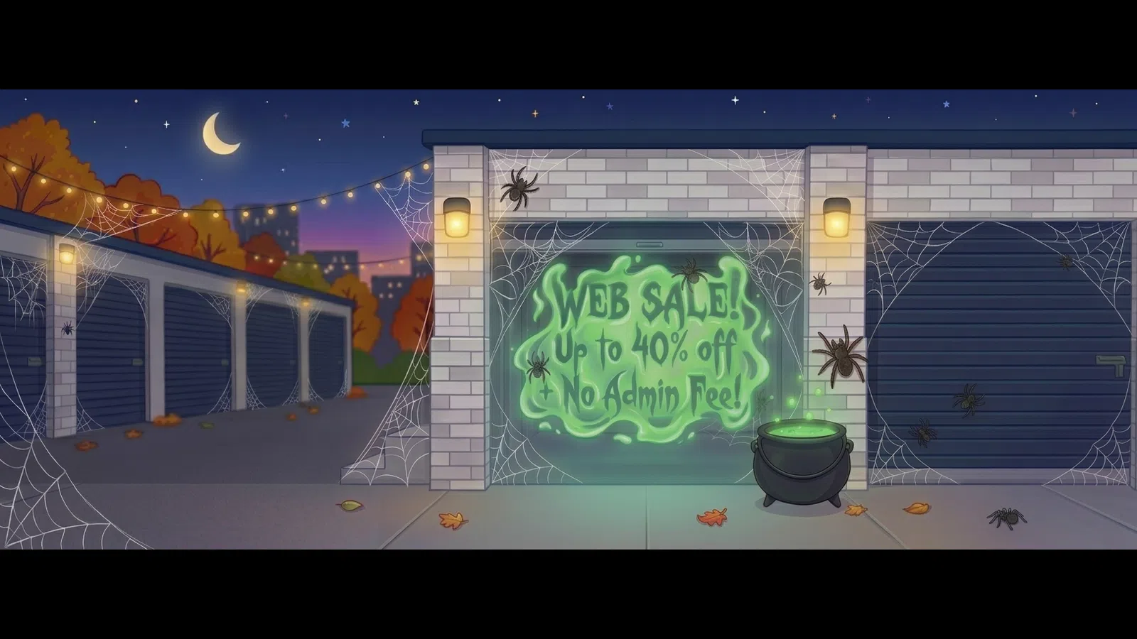 Night scene of garages decorated with spider webs and spiders, with overlaid glowing green text reading web sale up to 40% off no admin fee.