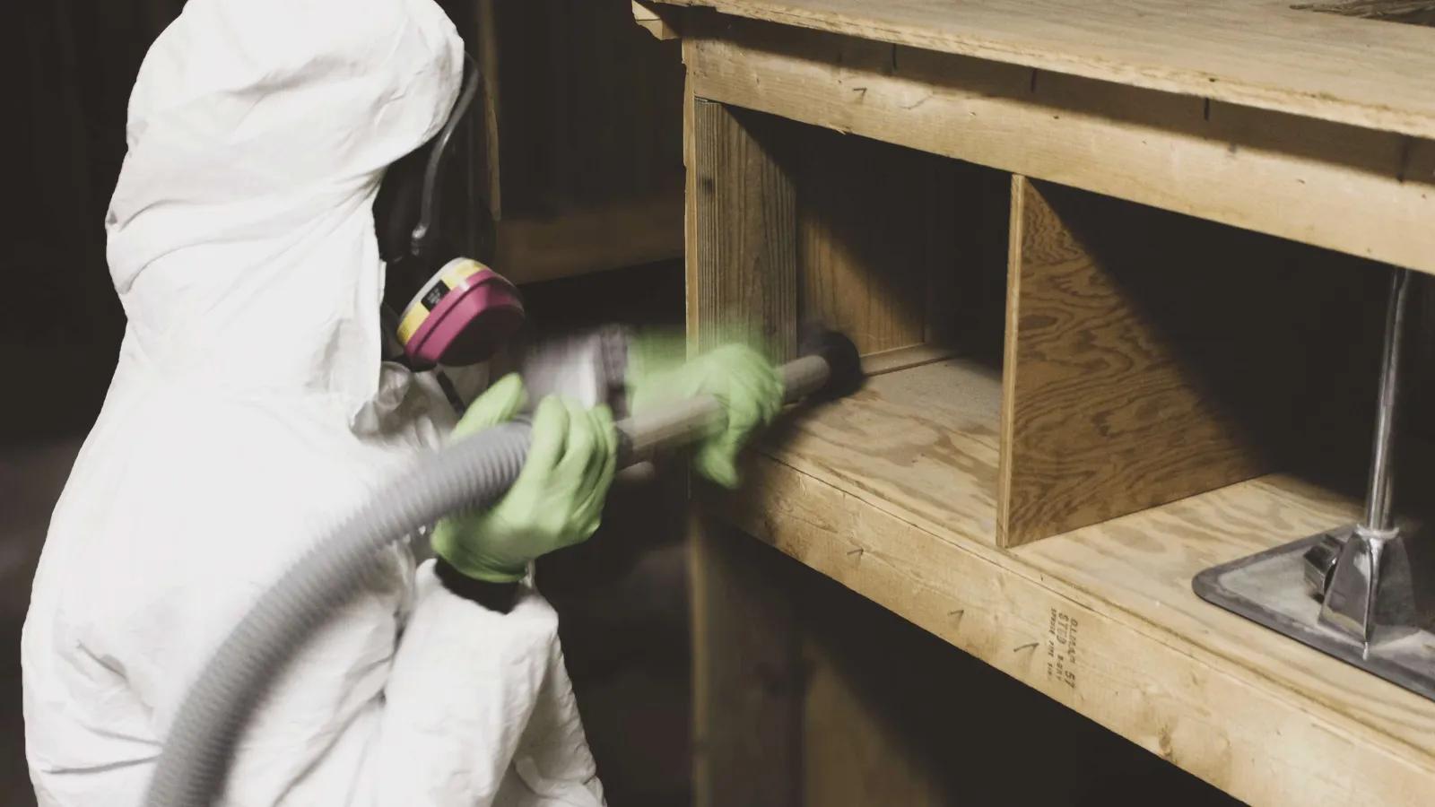 Worker in protective suit and mask using vacuum hose to clean wooden shelves in dimly lit room.