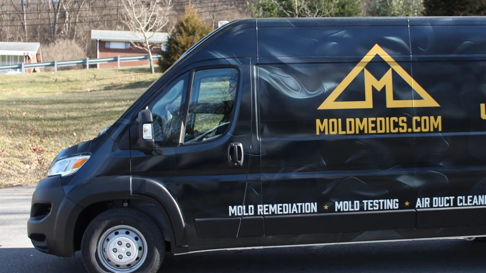 Black Mold Medics van with gold logo, contact number, and services: mold remediation, testing, and air duct cleaning.
