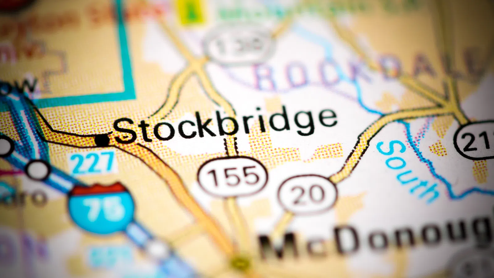 Close-up of a map highlighting Stockbridge and surrounding highways 155, 20, and 75 in Georgia.