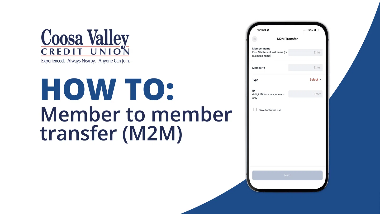 Coosa Valley Credit Union member-to-member transfer tutorial with mobile app screen showing transfer form.