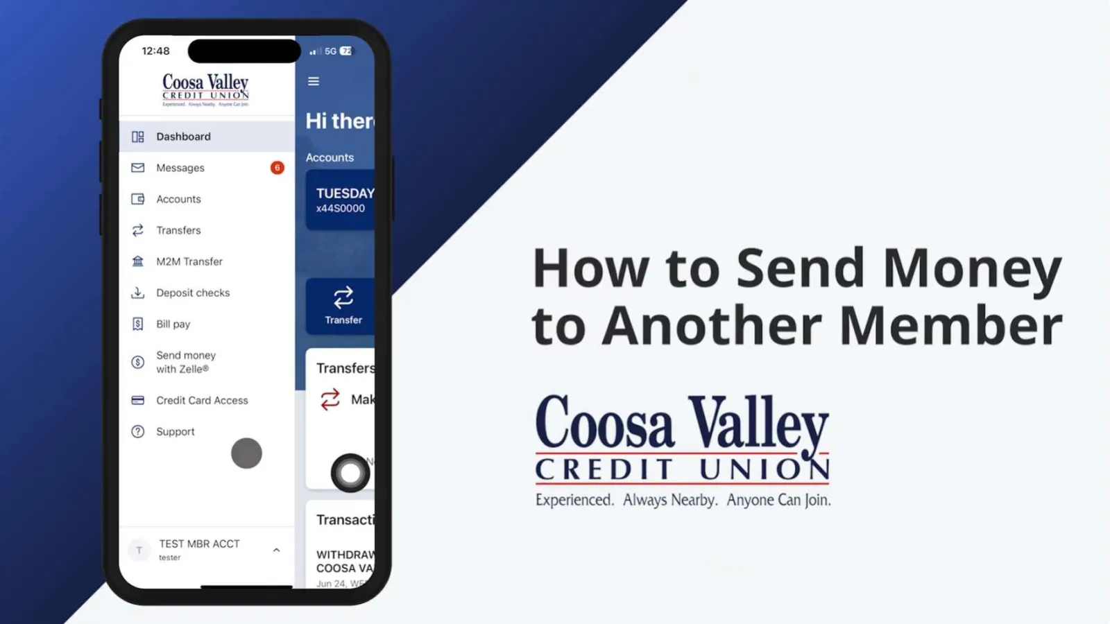 Mobile screen showing Coosa Valley Credit Union app menu alongside text on sending money to another member