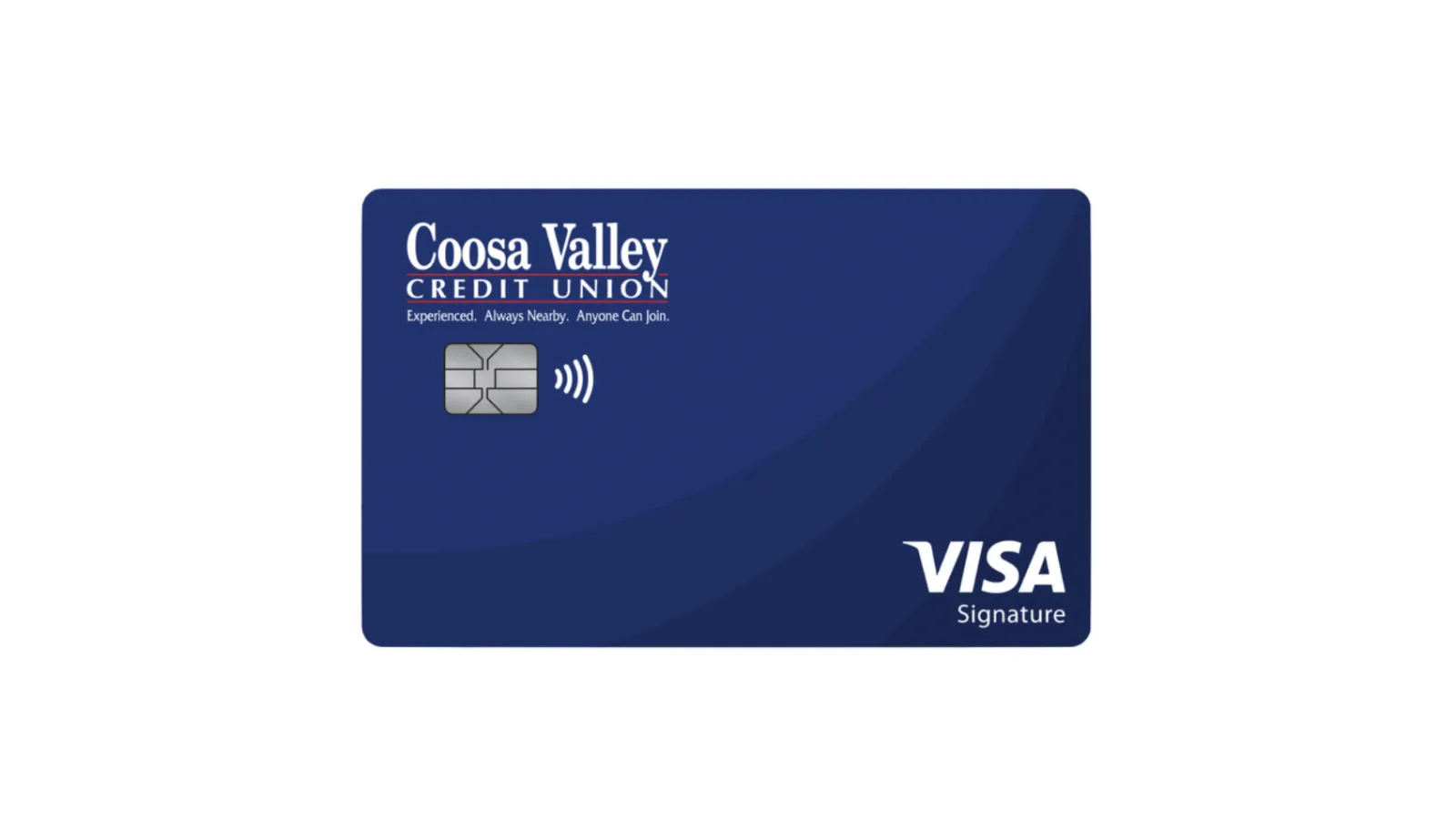 Coosa Valley Credit Union Visa Signature credit card with chip and contactless payment symbol on blue background
