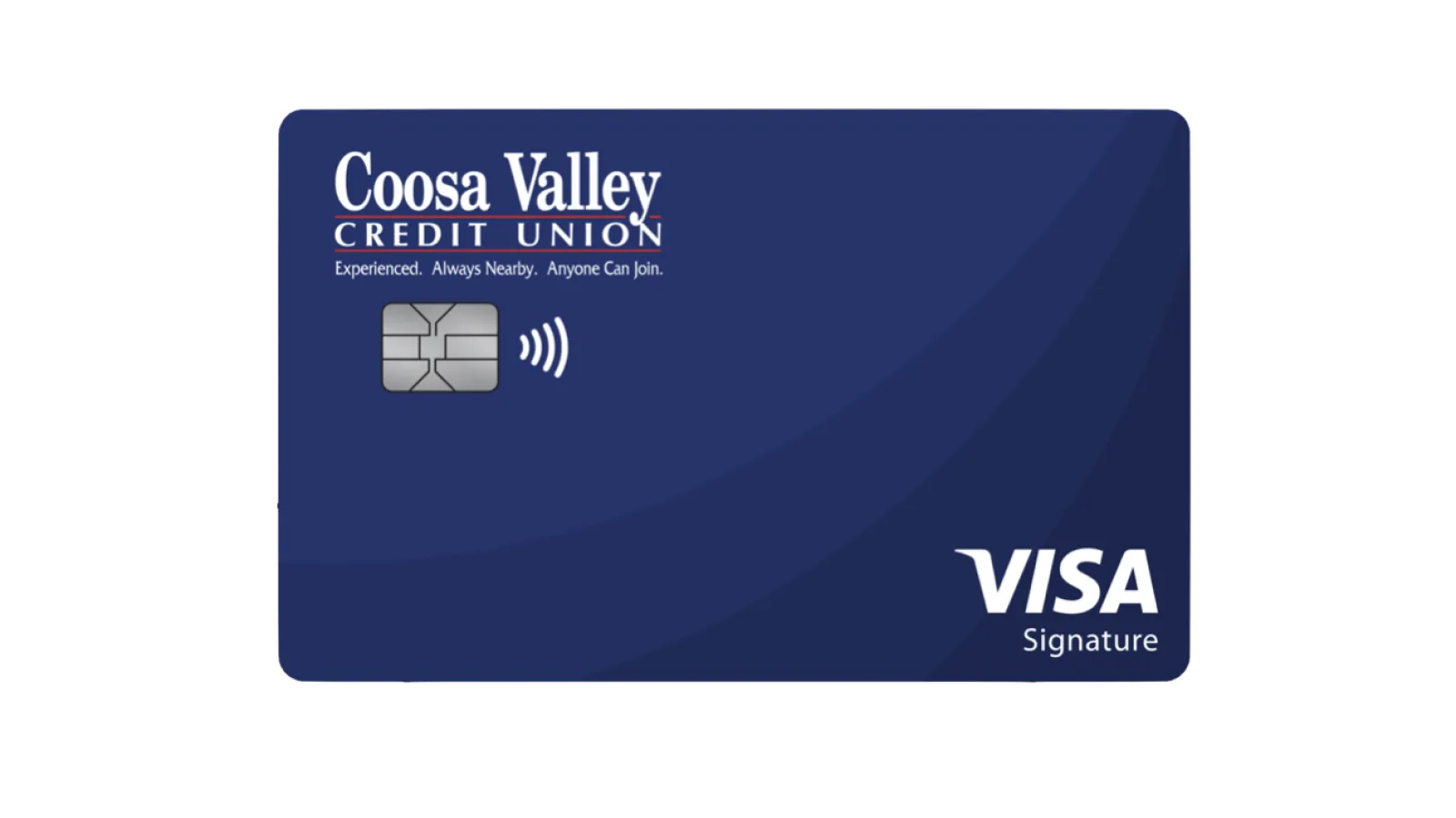 Coosa Valley Credit Union Visa Signature credit card with chip and contactless payment symbol on blue background.