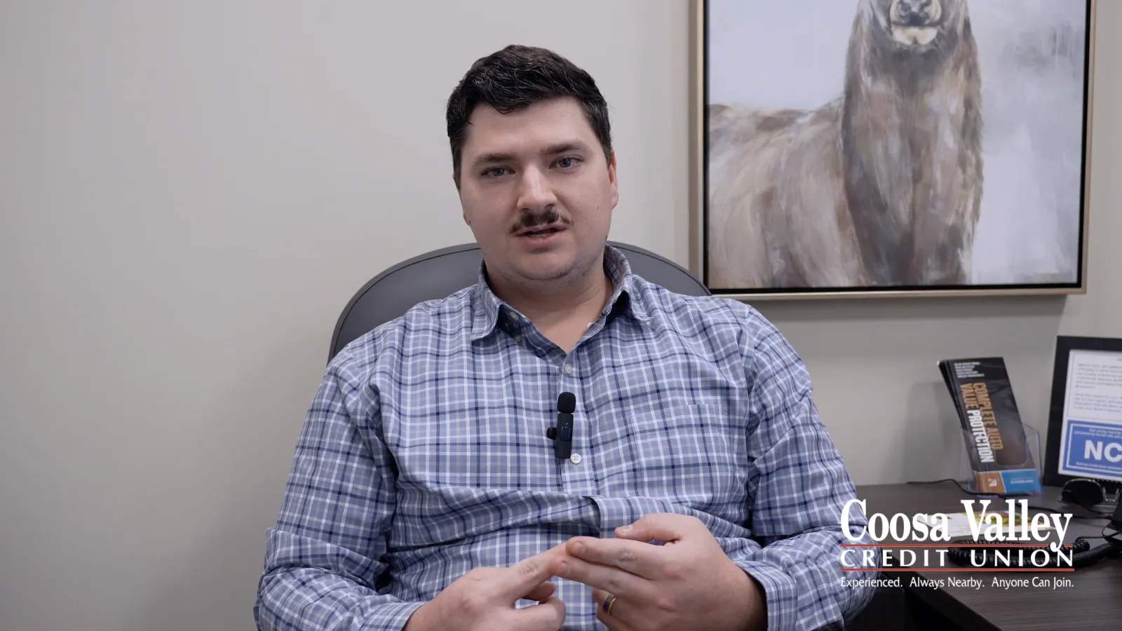 Man in plaid shirt seated in office with framed artwork and Coosa Valley Credit Union logo visible.