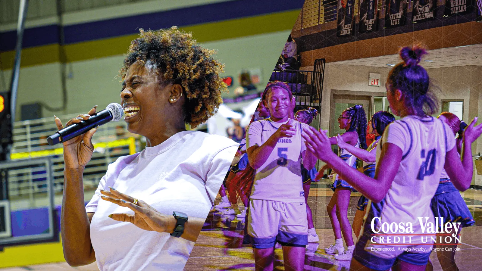 Woman singing passionately into microphone next to girls celebrating basketball win in gym