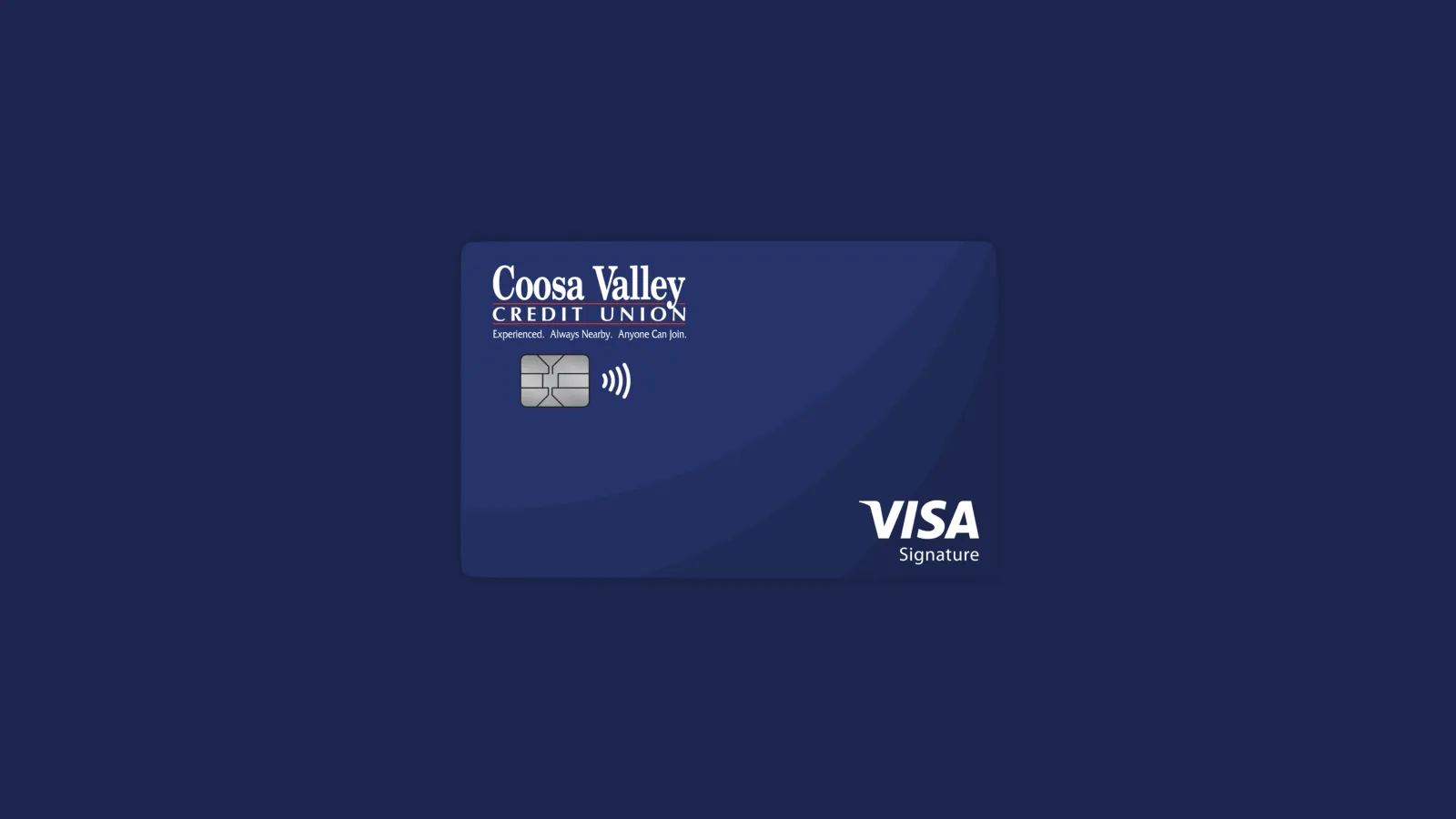 Coosa Valley Credit Union Visa Signature credit card with chip and contactless payment symbol on dark blue background