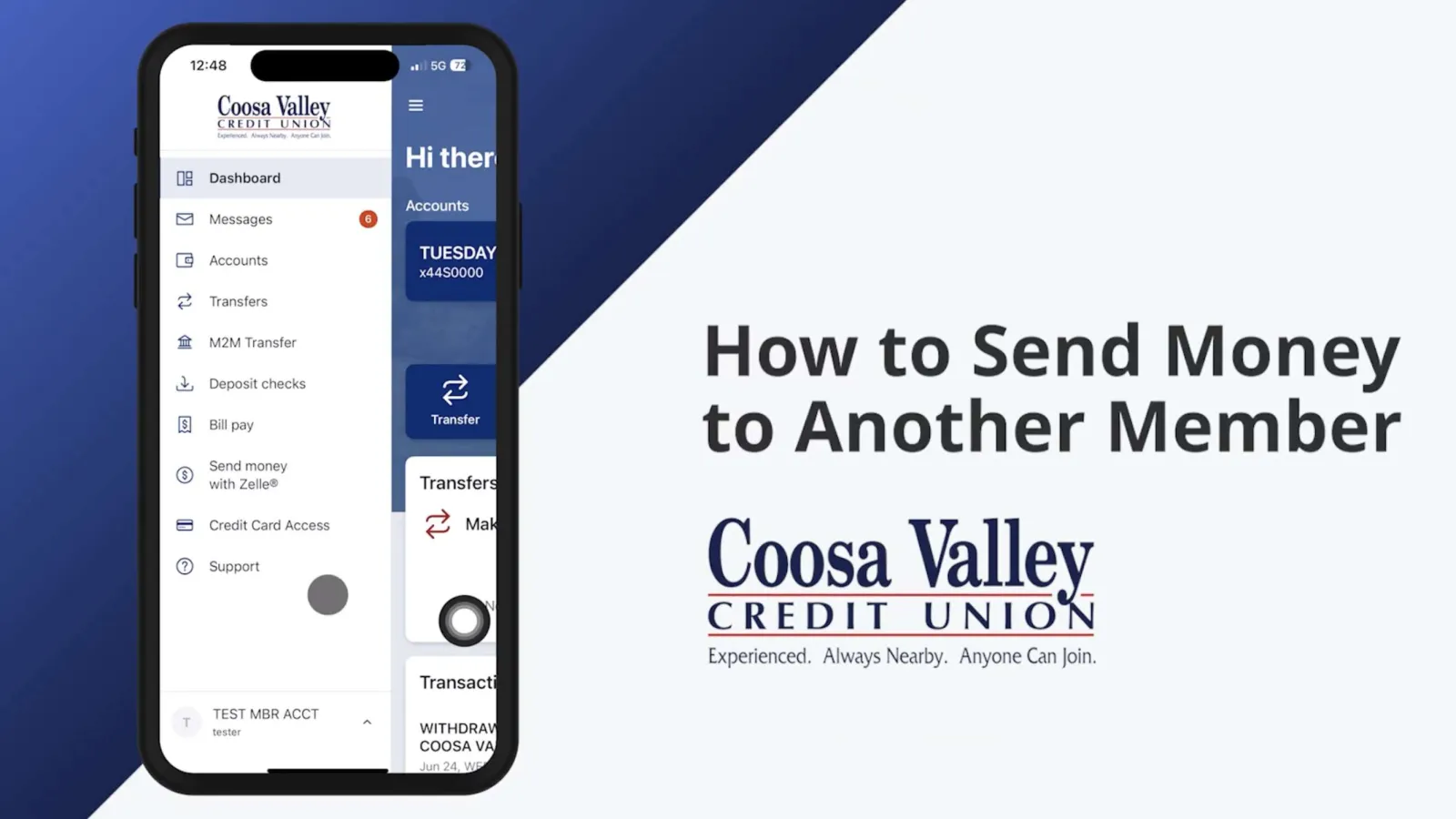 Mobile app screen displaying Coosa Valley Credit Union's dashboard with money transfer options and instructions.