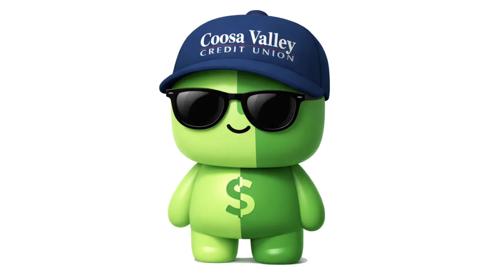 Green cartoon character with dollar sign, wearing sunglasses and a navy blue Coosa Valley Credit Union cap.