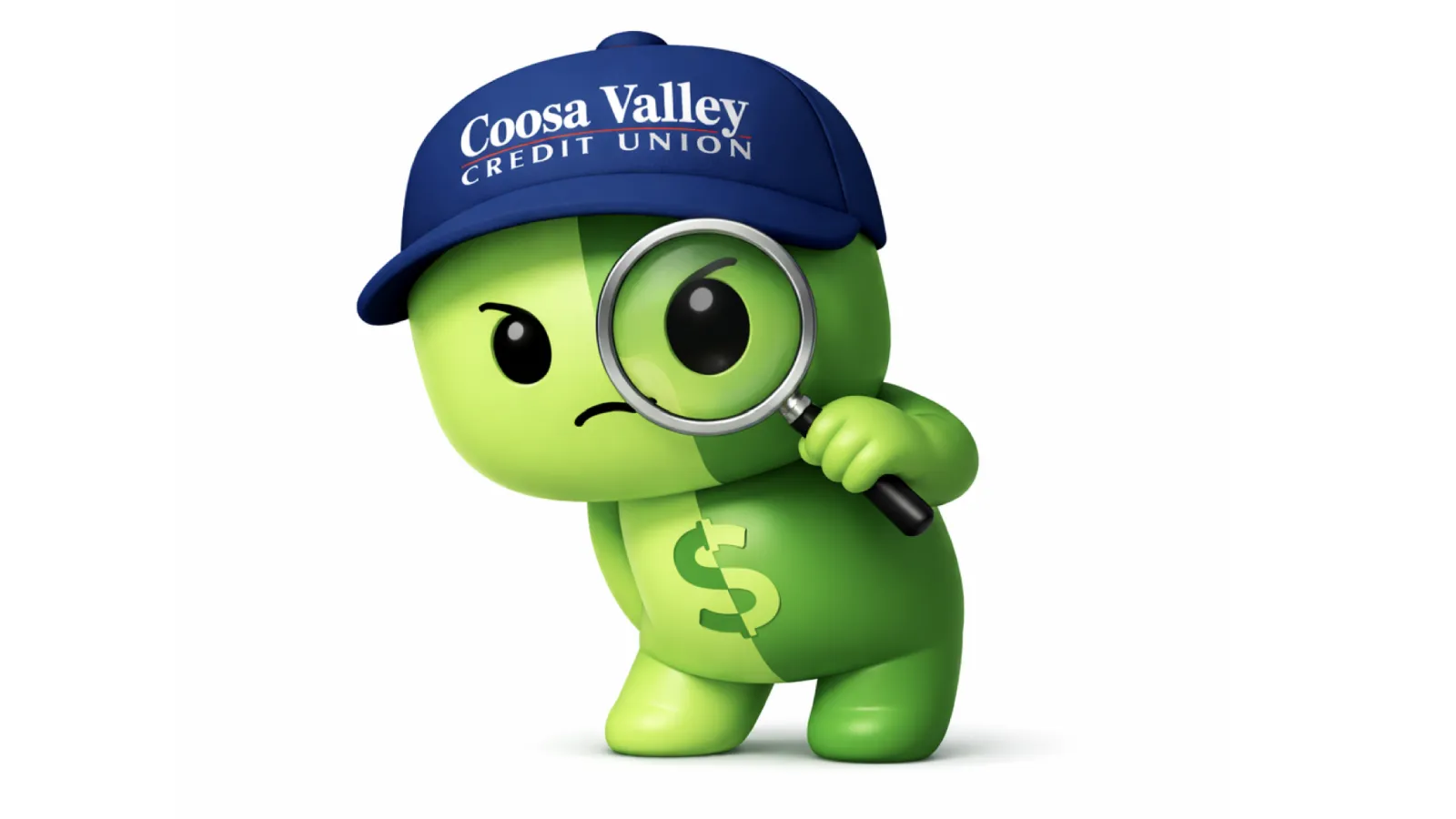 Green mascot with dollar sign wears Coosa Valley Credit Union hat and holds magnifying glass over eye.