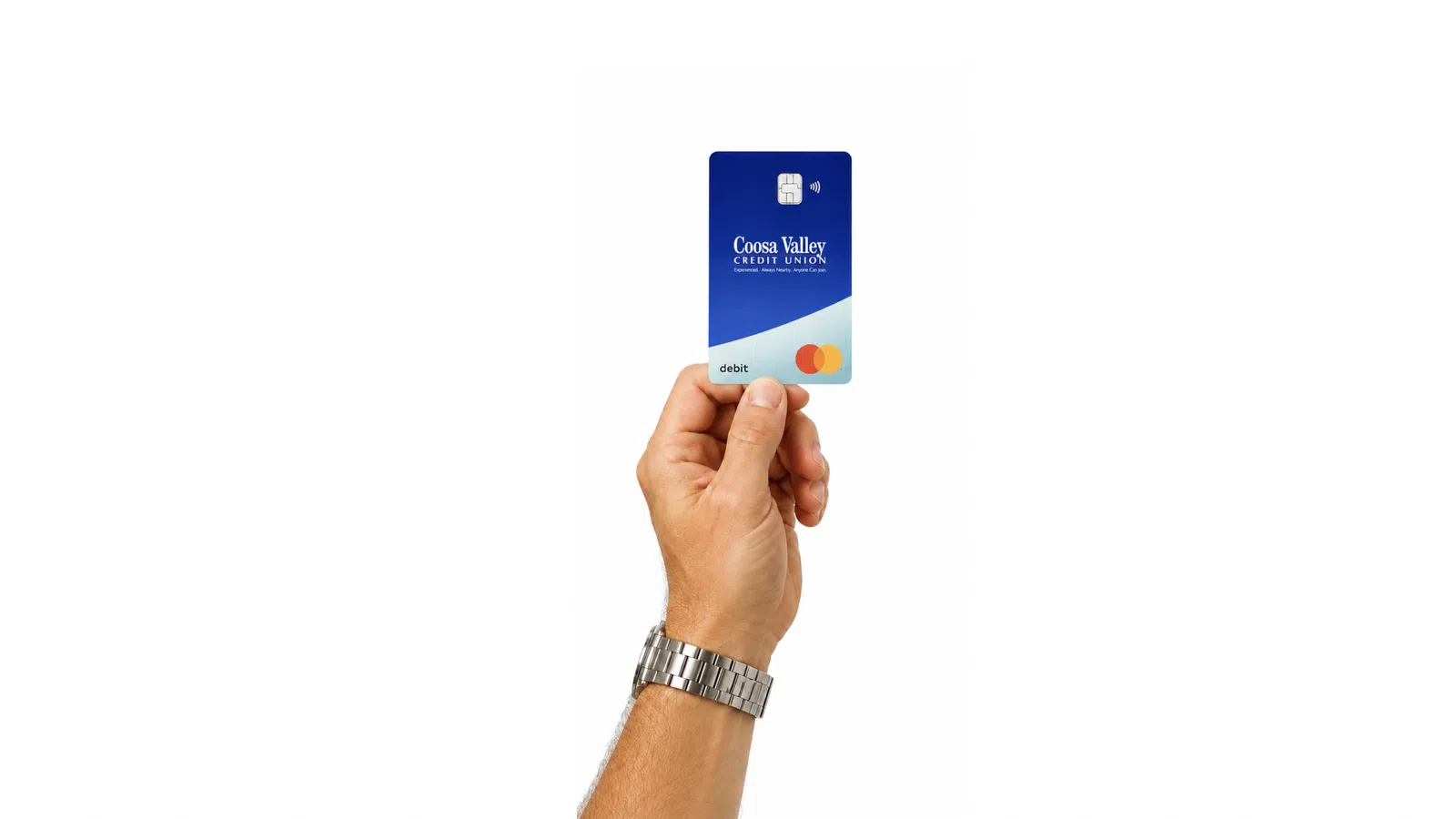 Hand holding a Coosa Valley Credit Union blue debit card with Mastercard logo on white background