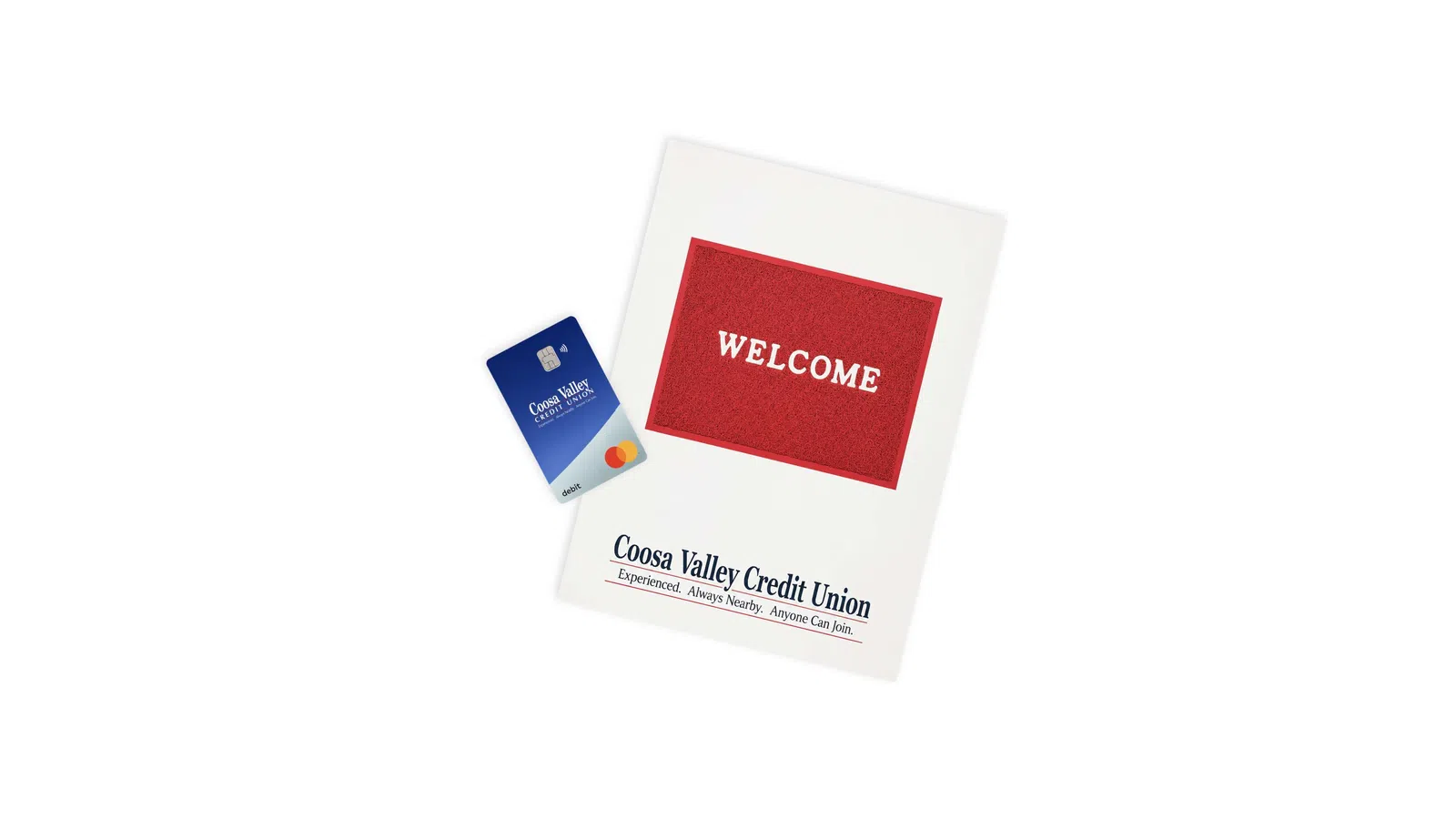 Coosa Valley Credit Union welcome card with a blue Mastercard credit card on a white background.
