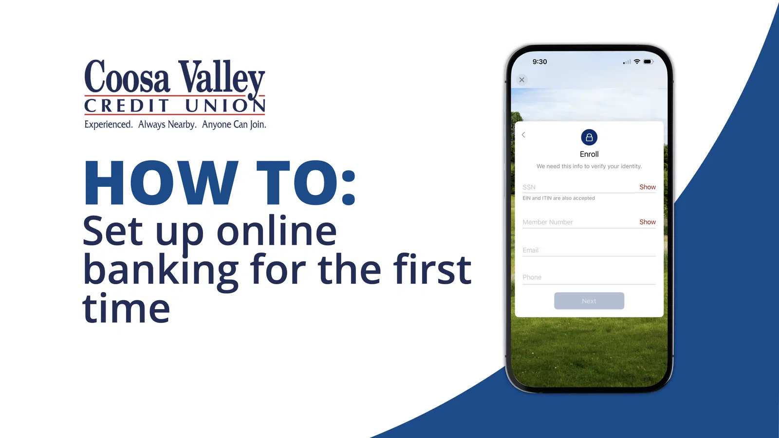 Coosa Valley Credit Union guide on setting up online banking shown on smartphone enrollment screen.