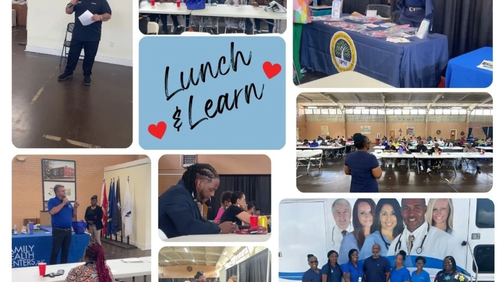 Community health Lunch and Learn event with speakers, attendees, educational tables, and medical staff posing outdoors.