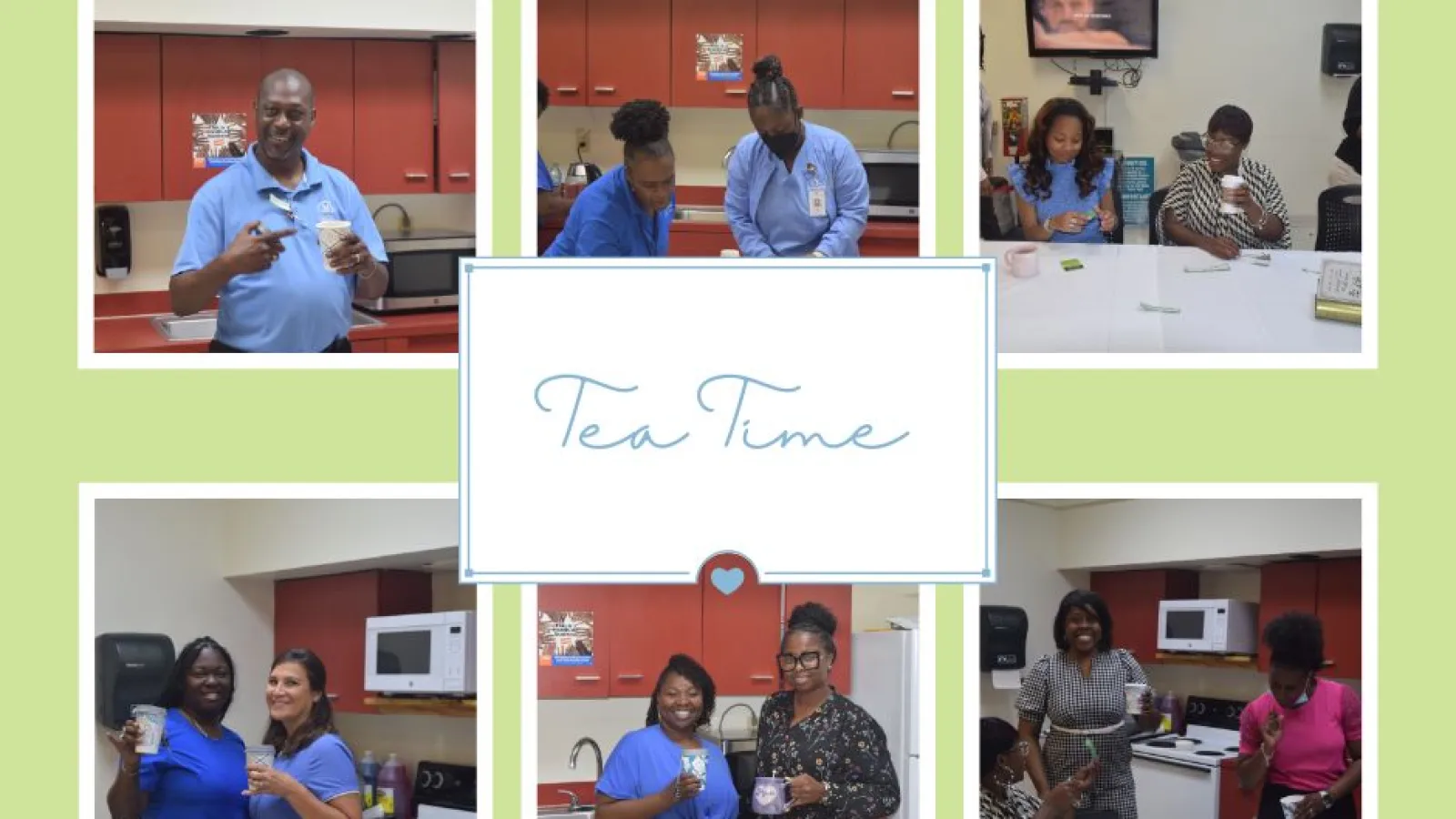 Collage of staff enjoying Tea Time at Family Health Centers, smiling and socializing in kitchen and meeting room.