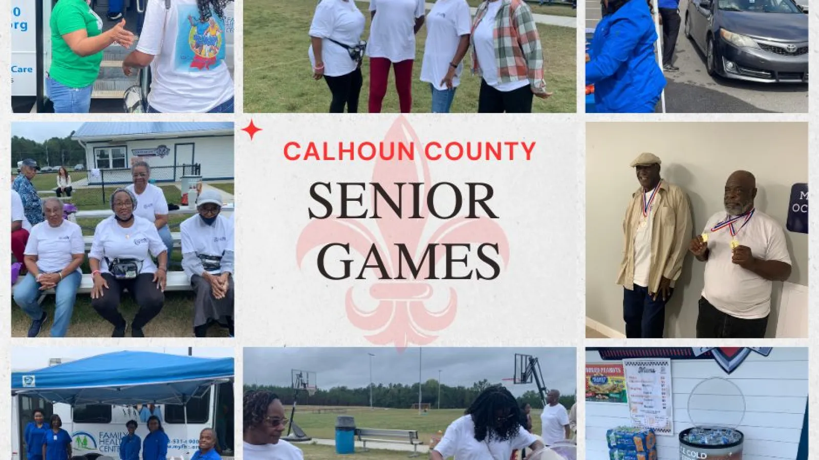 Calhoun County Senior Games featuring seniors socializing, awards, health booth, and outdoor activities under blue skies.