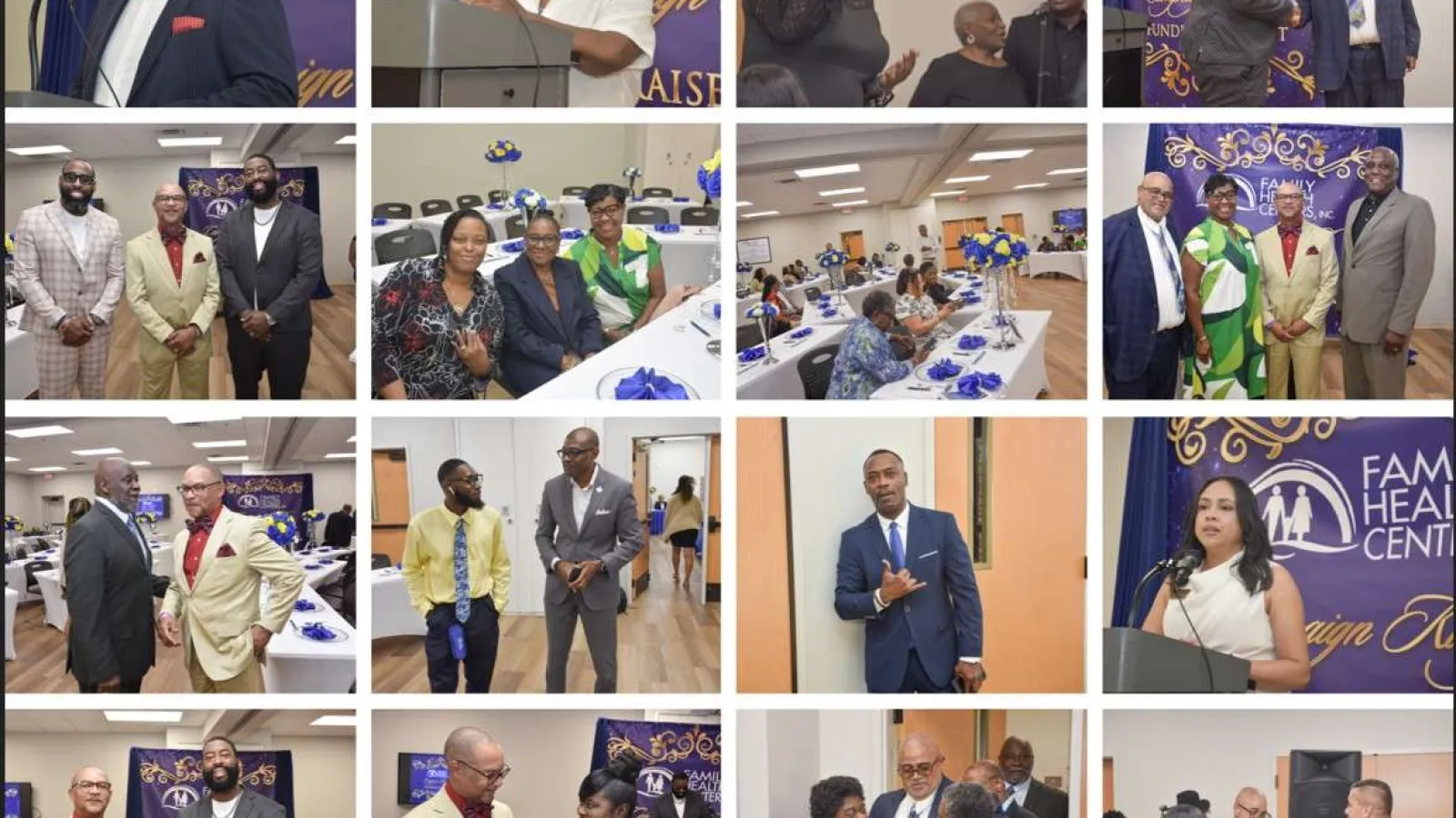 Collage of diverse individuals speaking, socializing, and attending a Family Health Center event with decorations and formal attire.