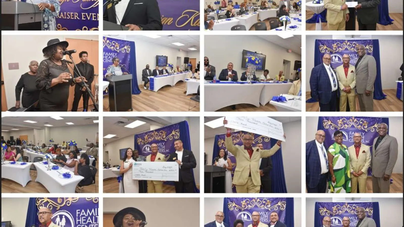 Fundraiser event at Family Health Centers with speakers, attendees, and large donation check presentation.