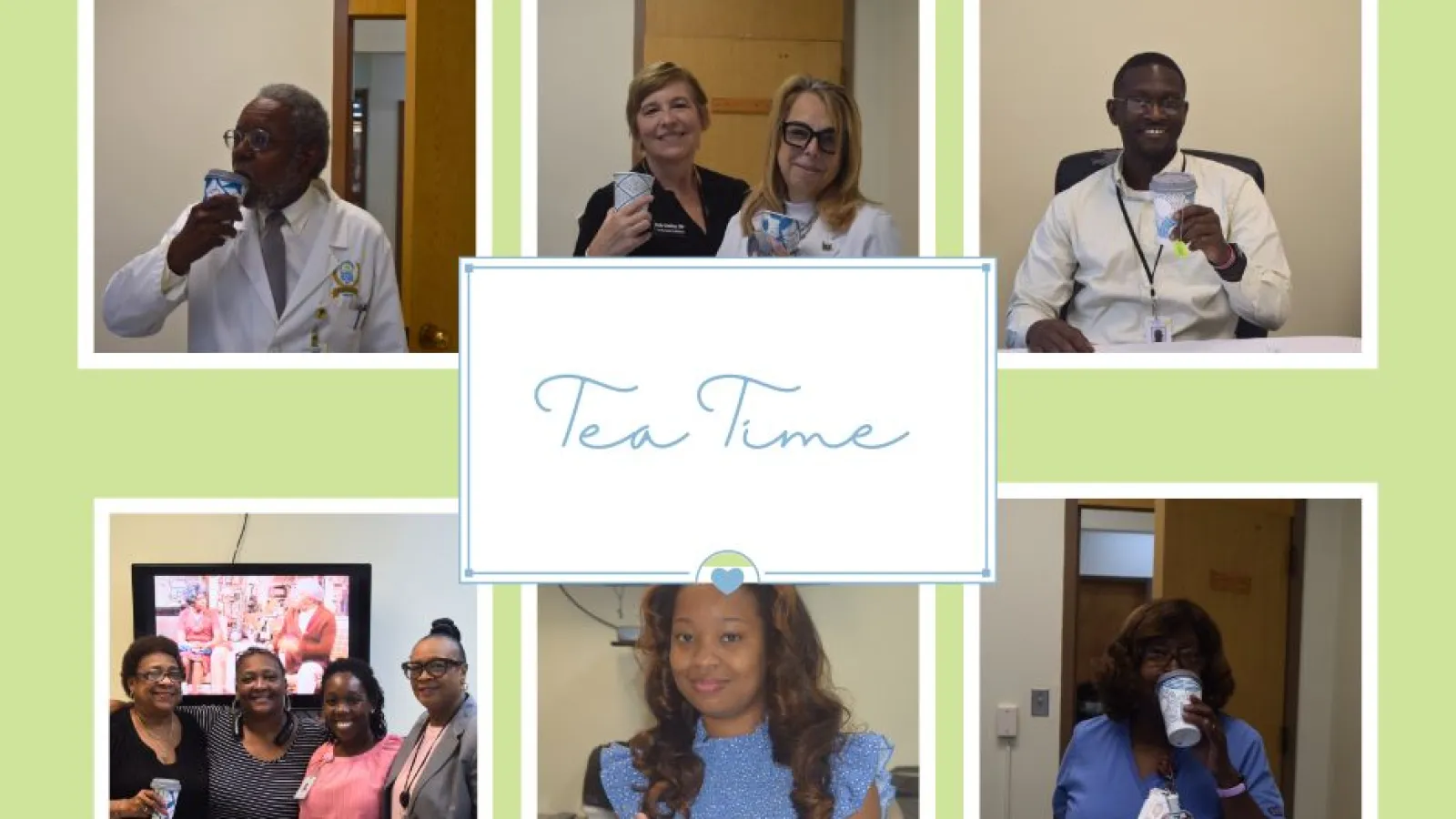 Collage of diverse healthcare workers enjoying tea during a Family Health Centers event labeled Tea Time
