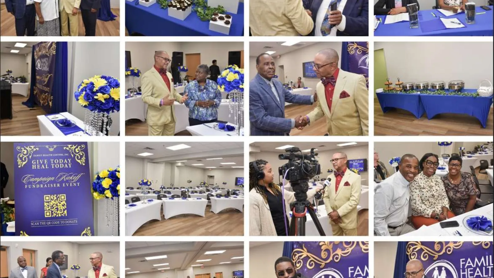 Collage of a fundraiser event with guests socializing, food displays, speeches, and decorated tables in a community hall
