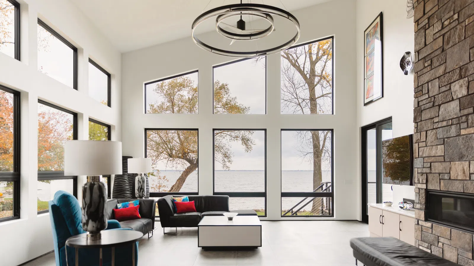 a living room with a large window