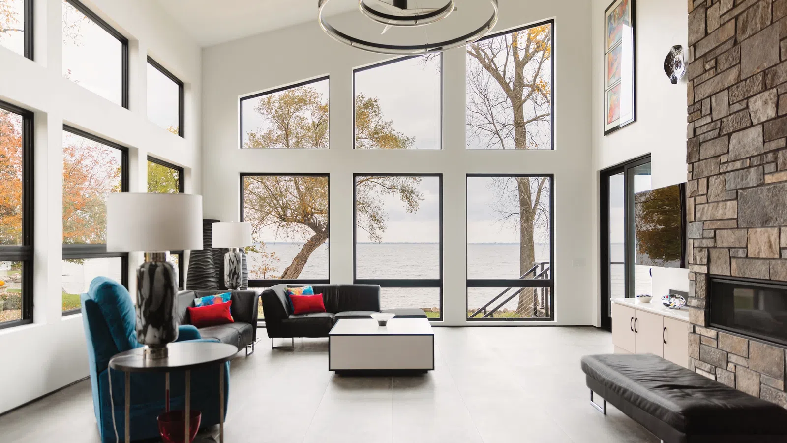 a living room with a large window