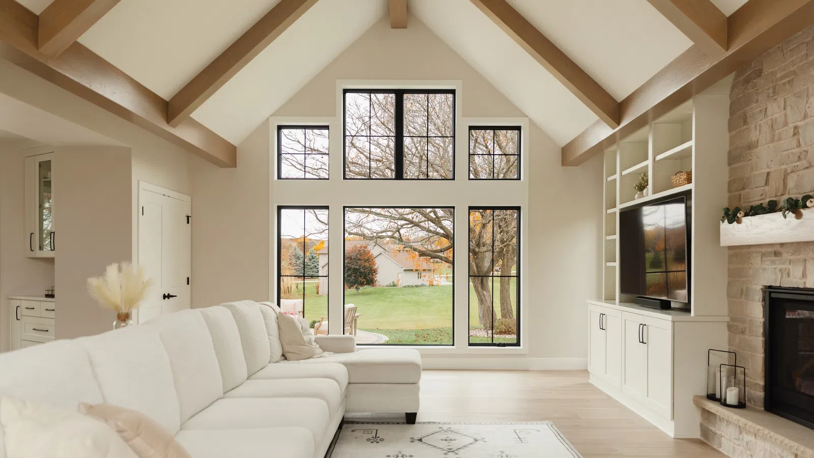 a living room with a fireplace
