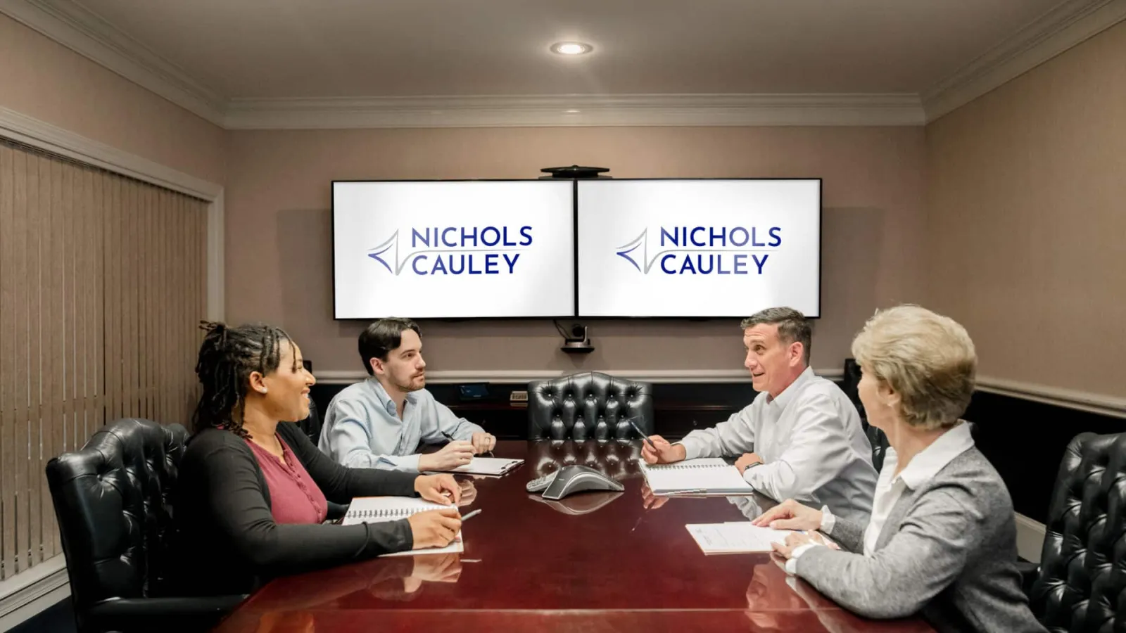 Four professionals in a conference room holding a meeting with Nichols Cauley logos on dual screens.