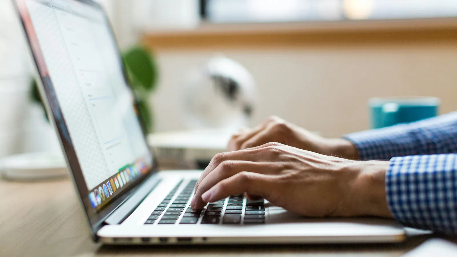 Person typing on a laptop keyboard with a blurred background featuring a window and indoor plant.