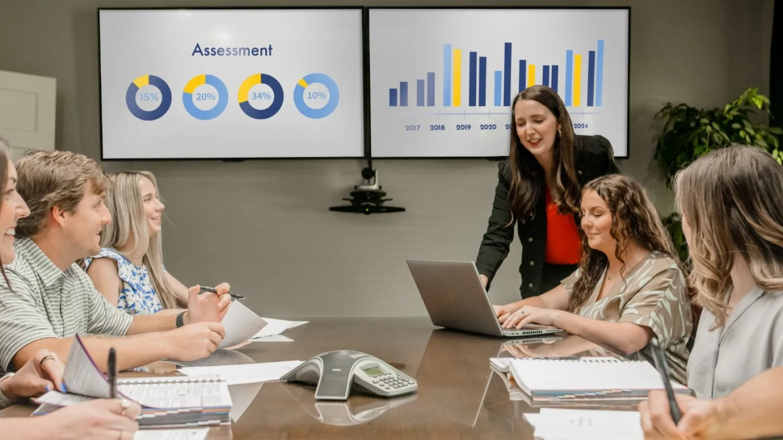Business team in a meeting room reviewing charts and assessment data displayed on dual screens during presentation.