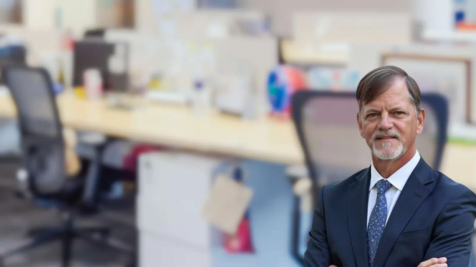 Confident businessman in suit with arms crossed standing in modern office with blurred desks and chairs