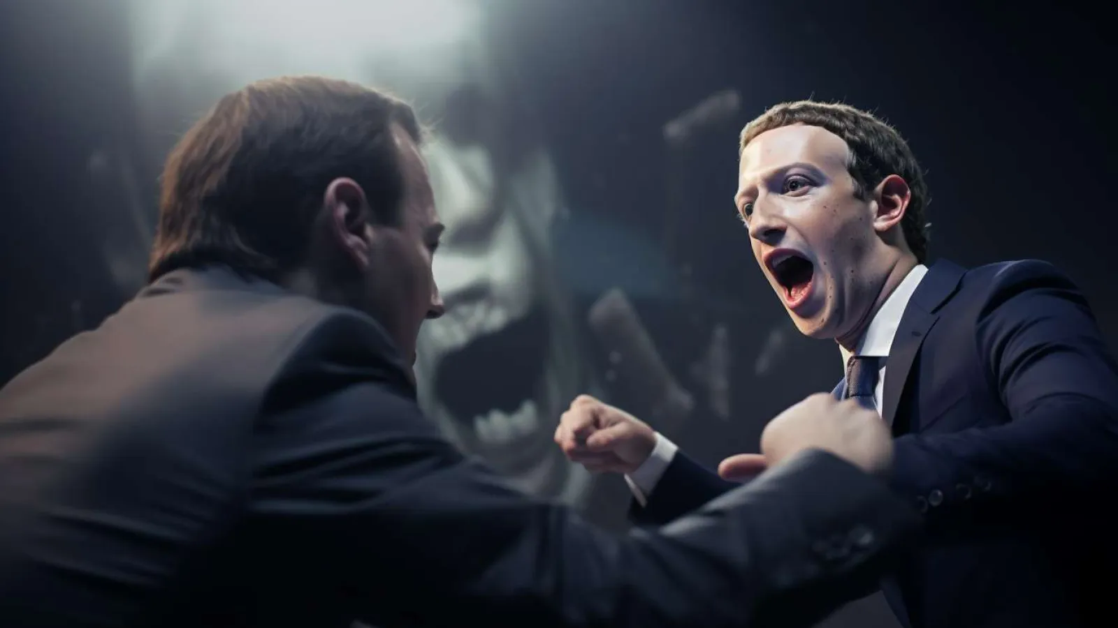 Two men in suits engaged in an intense debate with passionate gestures and facial expressions in a dim setting.
