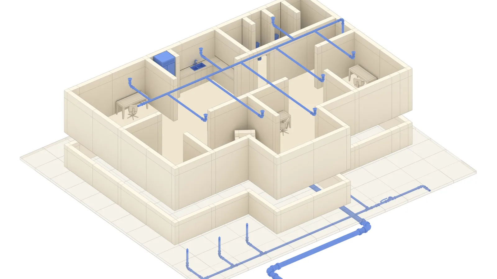 3D floor plan showing an office layout with interior walls, desks, and blue HVAC ductwork system.
