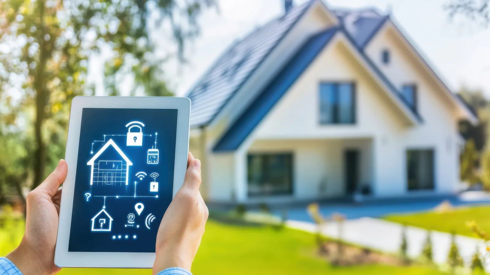 Smart home technology displayed on a tablet device with a modern house in the background on a sunny day