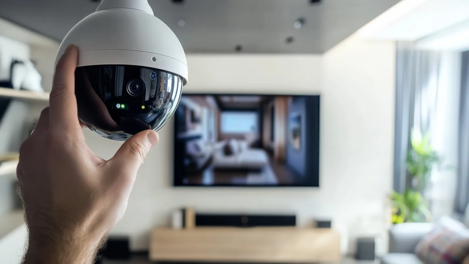 Hand holding a security camera inside a modern living room with a TV and decor in the background