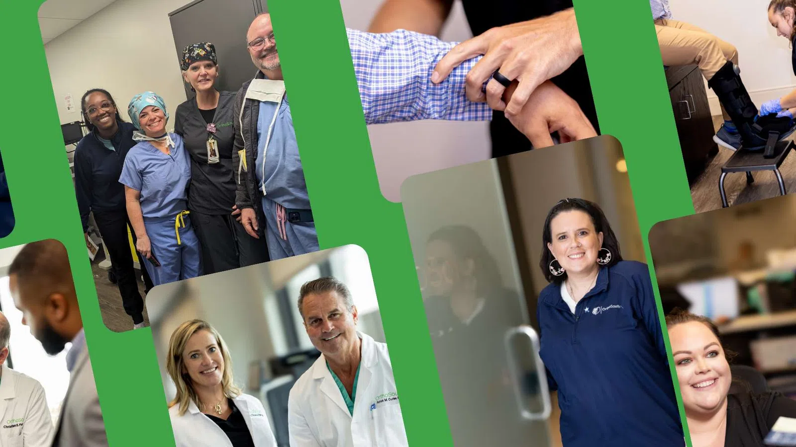 Collage of healthcare professionals in scrubs and lab coats smiling and interacting in clinical settings.