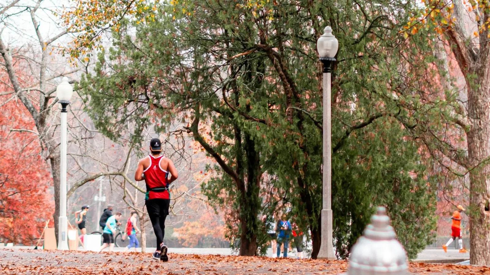 Runner in a red shirt jogging on a leaf-covered park path with fall-colored trees and lampposts around.