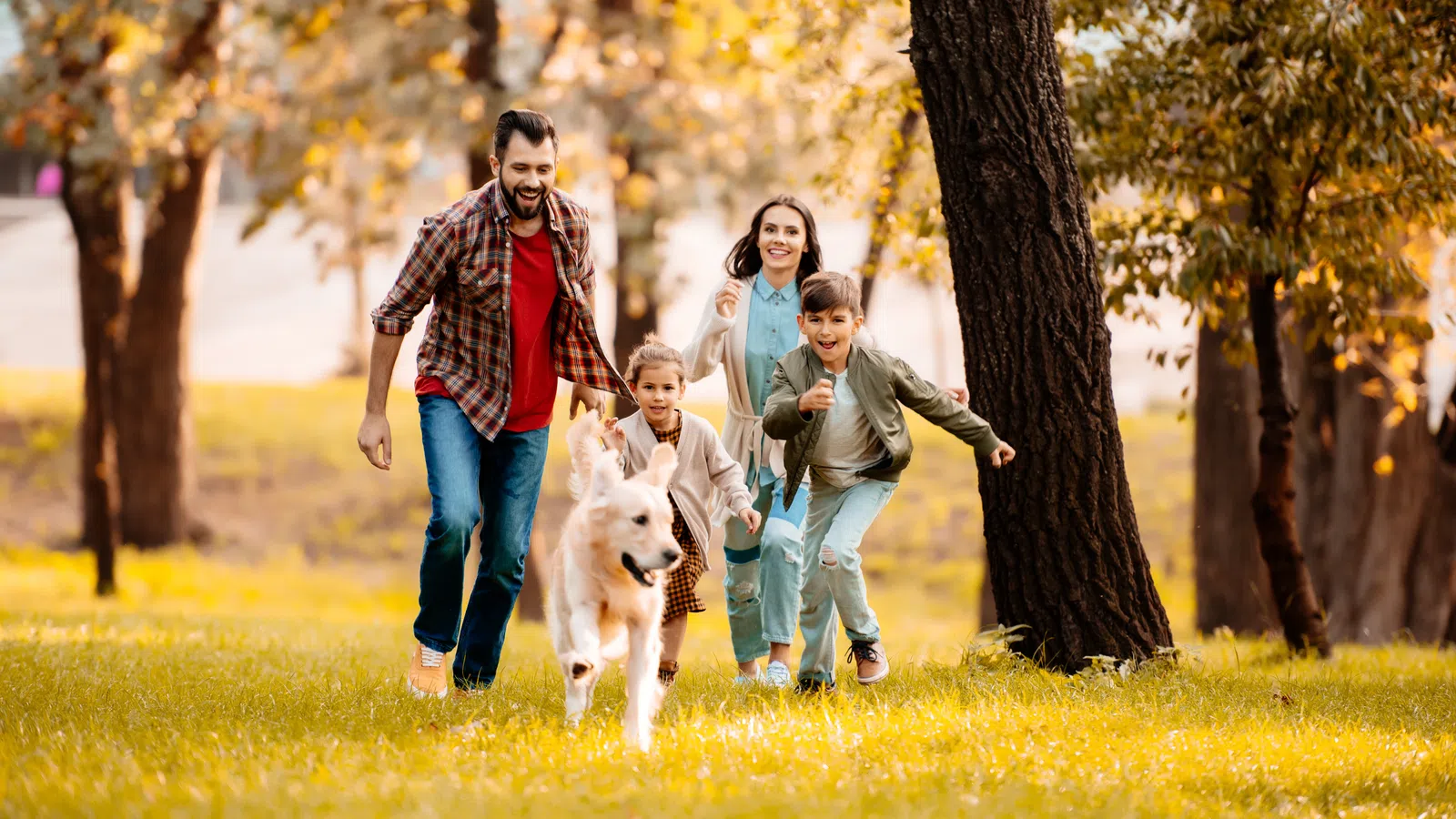 a family walking with a dog
