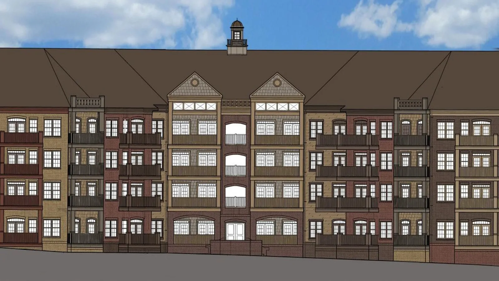 a colored drawing of a large building