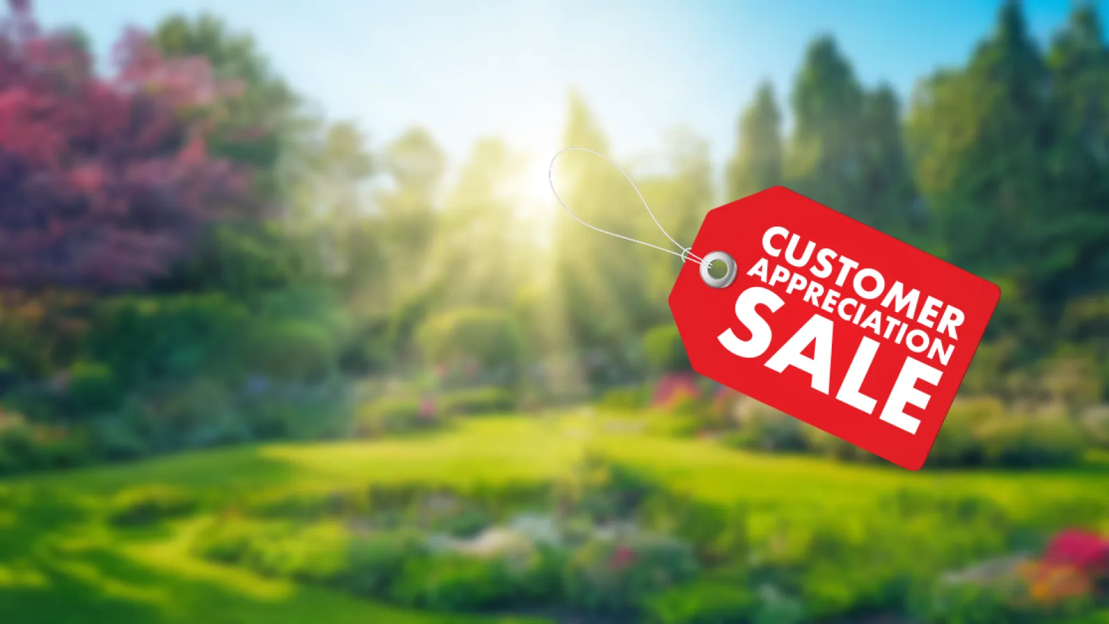 Red sale tag with Customer Appreciation Sale text over vibrant sunny garden background with flowers and trees.