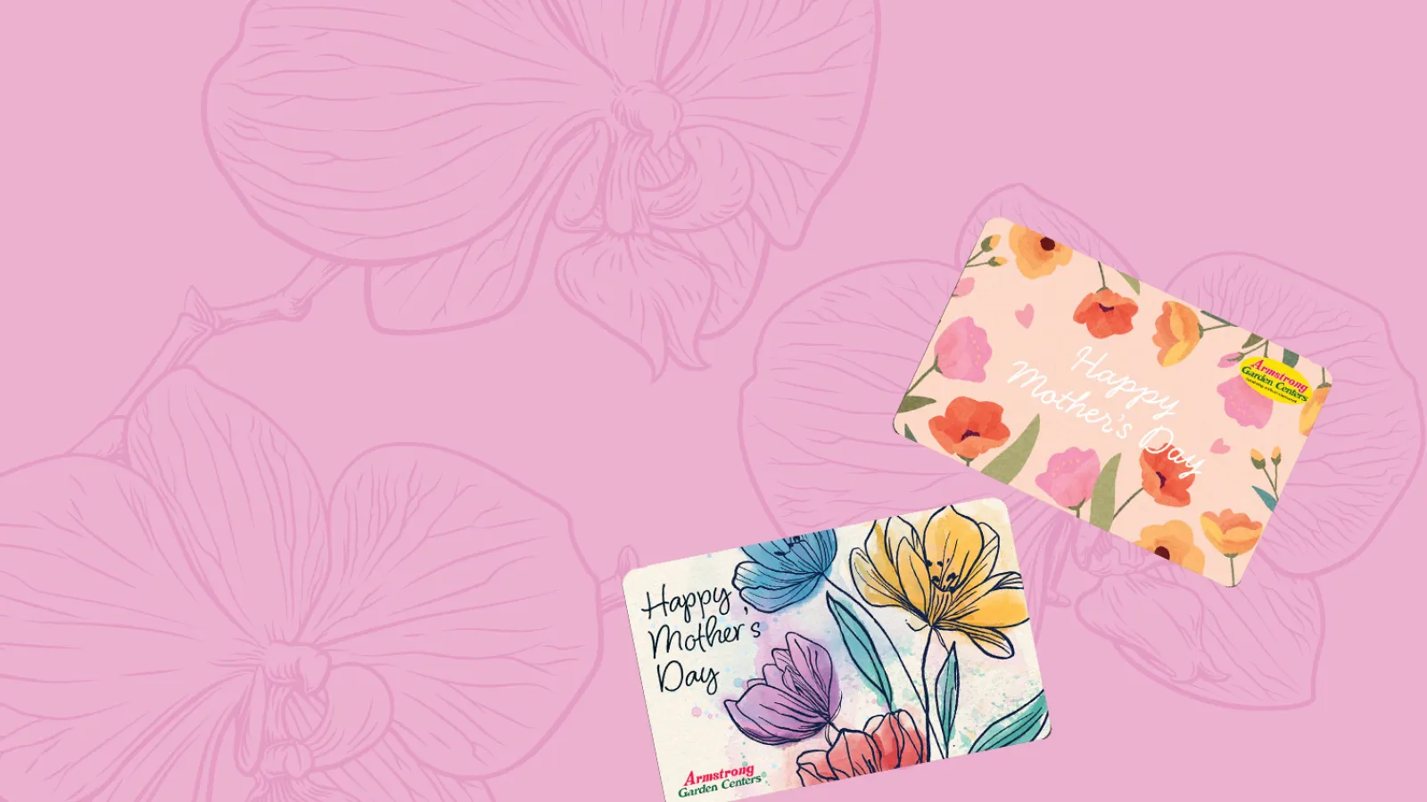 Two colorful Happy Mother's Day gift cards with floral designs on a pastel pink background with orchid outlines.