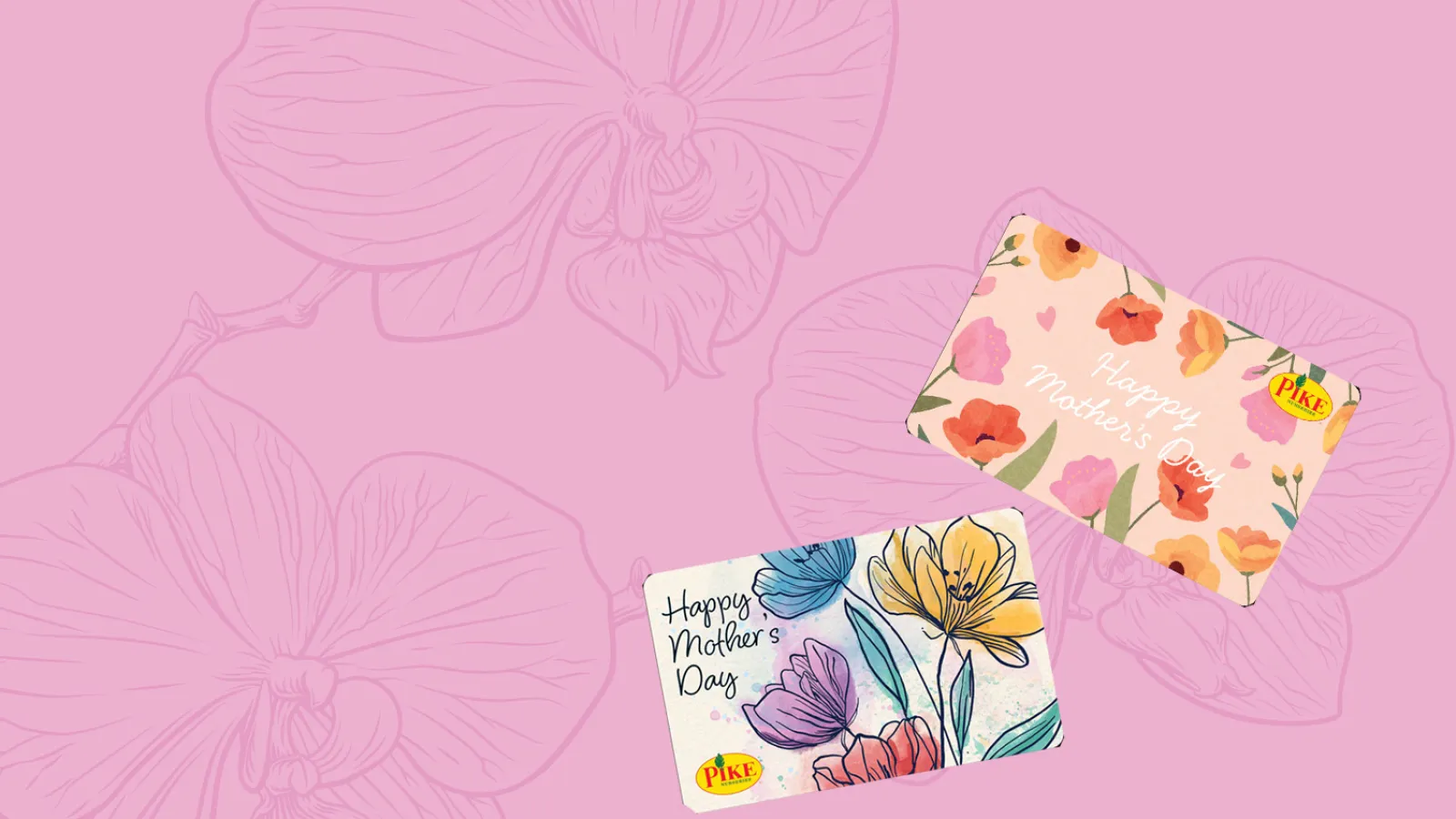 Two colorful Mother's Day cards with floral designs on a pink background featuring orchid outlines.